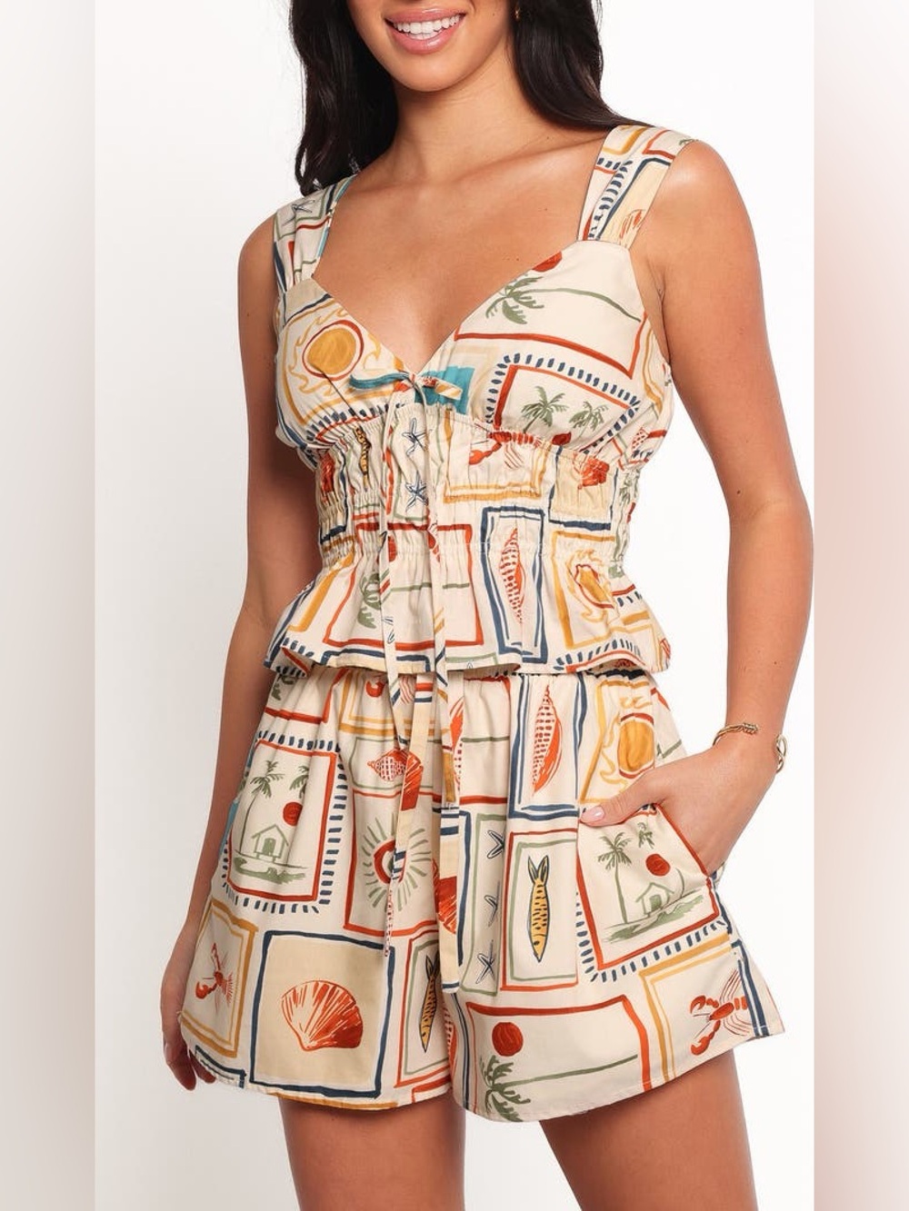 Lakely Seaside Print Shirred Tank